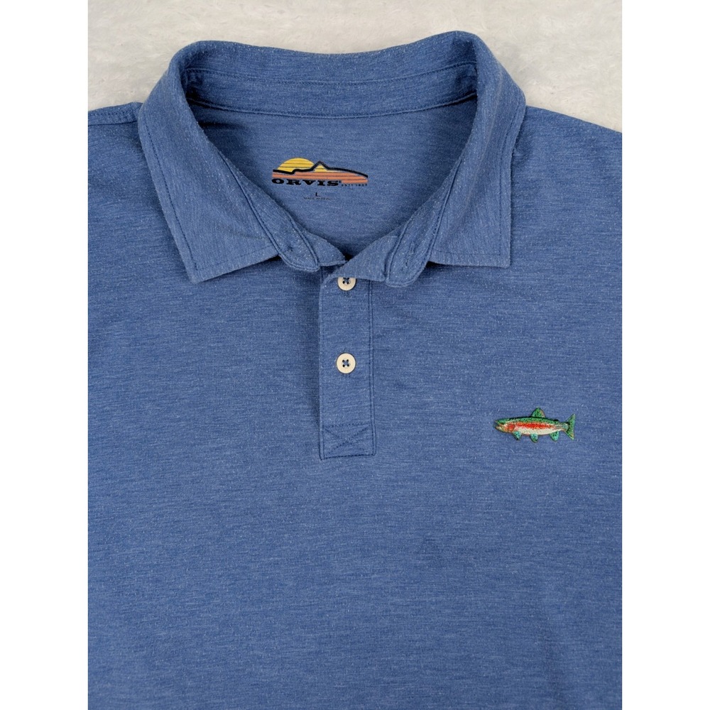 Orvis Polo Shirt Men's L Blue Short Sleeve Trout Fish Embroidered Poly Blend